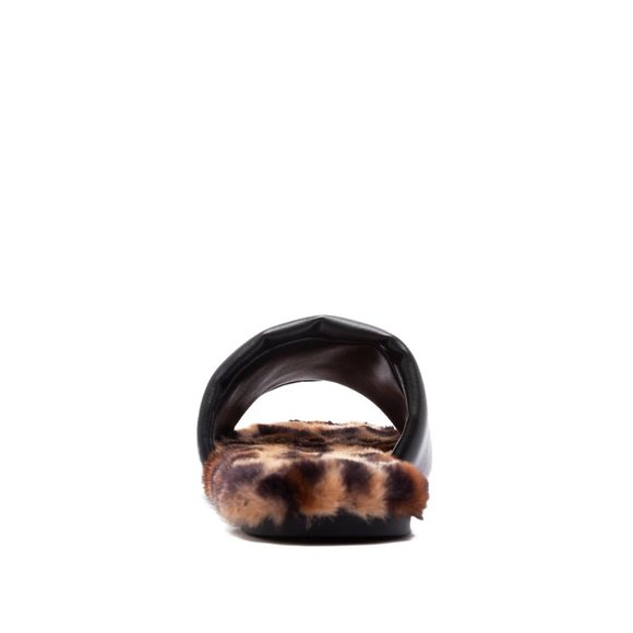 Black Pu Faux Fur Flat Slide Sandals - Picture 3 of 3